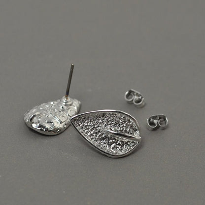 Earring -  Leaf Stud with Ring and Clutch - Silverplated (Pair)