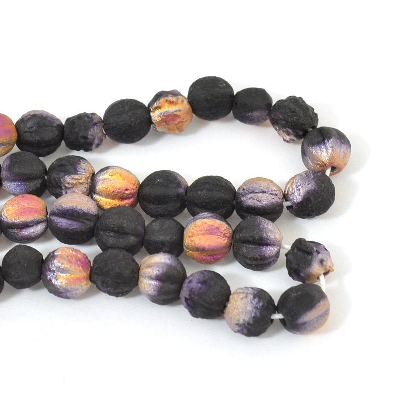 Czech Glass - 6 mm Melon Cut Round - Matte Jet Sliperit Etched (strand 25)