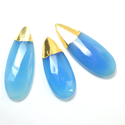Stone Pendant -  Faceted Drop (with Cap) - Blue Chalcedony - Gold Plated