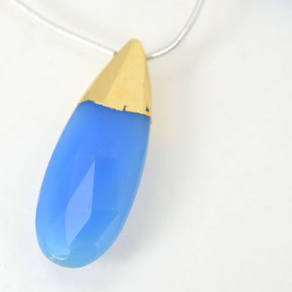 Stone Pendant -  Faceted Drop (with Cap) - Blue Chalcedony - Gold Plated