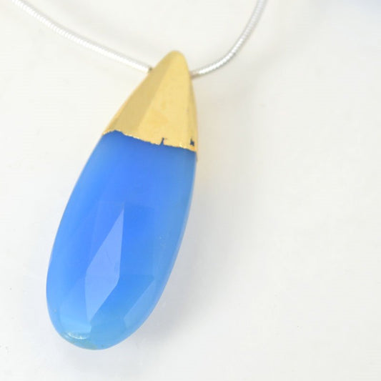 Stone Pendant -  Faceted Drop (with Cap) - Blue Chalcedony - Gold Plated