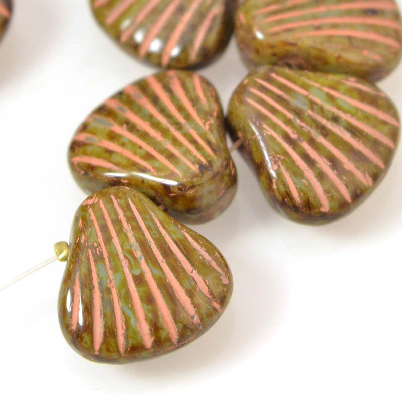 Glass Bead Sea Shell - Olive Picasso Copper Wash (Strand 10)