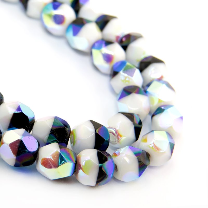 Fire Polish Faceted Round - 6mm - Duet Black/White AB (Strand 25)