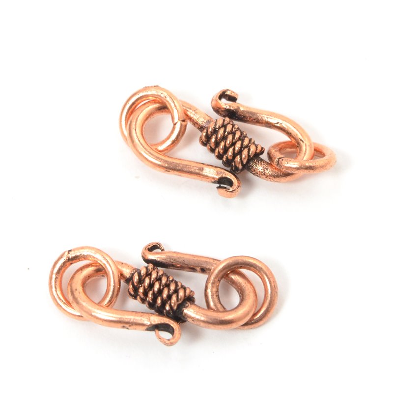 Hook and Eye Clasp - 17mm Coiled Rope S Hook w Rings - Antiqued Copper