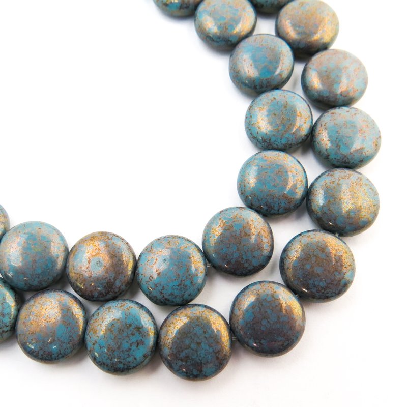 Glass Beads - 10.5mm Puff Coins - Aqua Bronze (Strand 15)