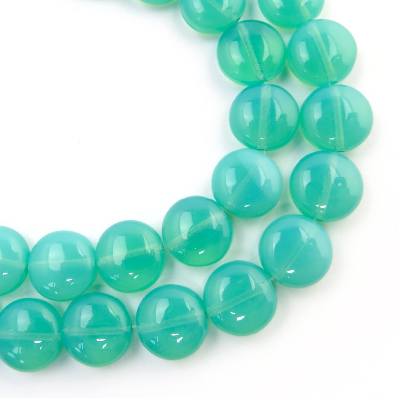 Glass Beads - 10mm Puff Coins - Blue Green Opal (Strand 15)