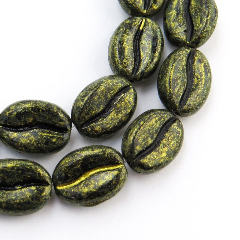 Glass Bead Coffee Bean - 8x11mm - Lime Jet (Strand 15)