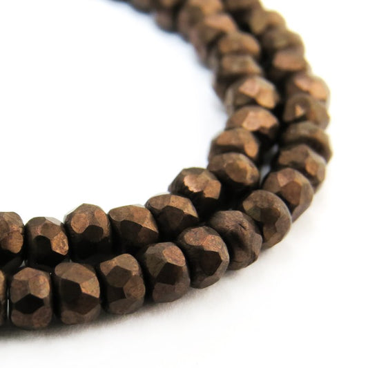 Fire Polish - 3x2mm - Faceted Donut Rondelle - Matte Dark Bronze (Strand 50)