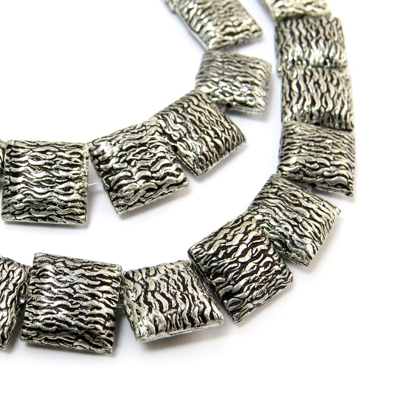 Metal Bead - 14mm Deep Texture Squares - Antiqued Silver (strand)