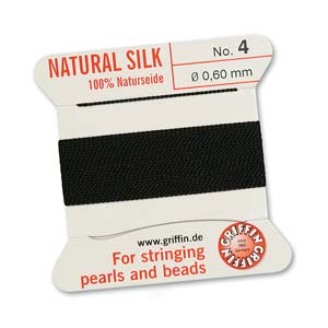 Silk Thread - Size 4 / 0.6mm Griffin Silk Beading Cord / Needle - Black (2 m)