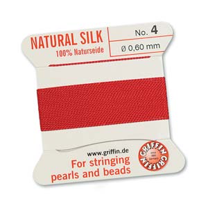 Silk Thread - Size 4 / 0.6mm Griffin Silk Beading Cord / Needle - Red (2 m)