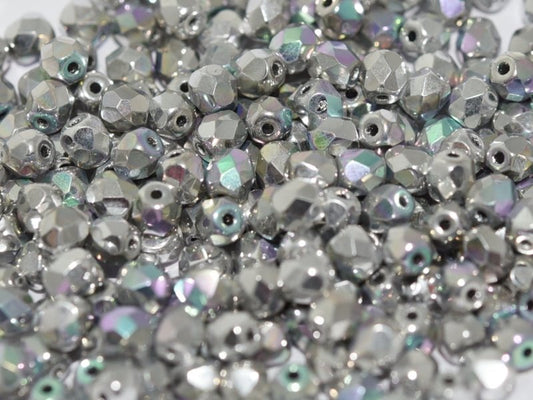 Fire Polish Faceted Round - 4mm - Crystal Glittery Silver (50)