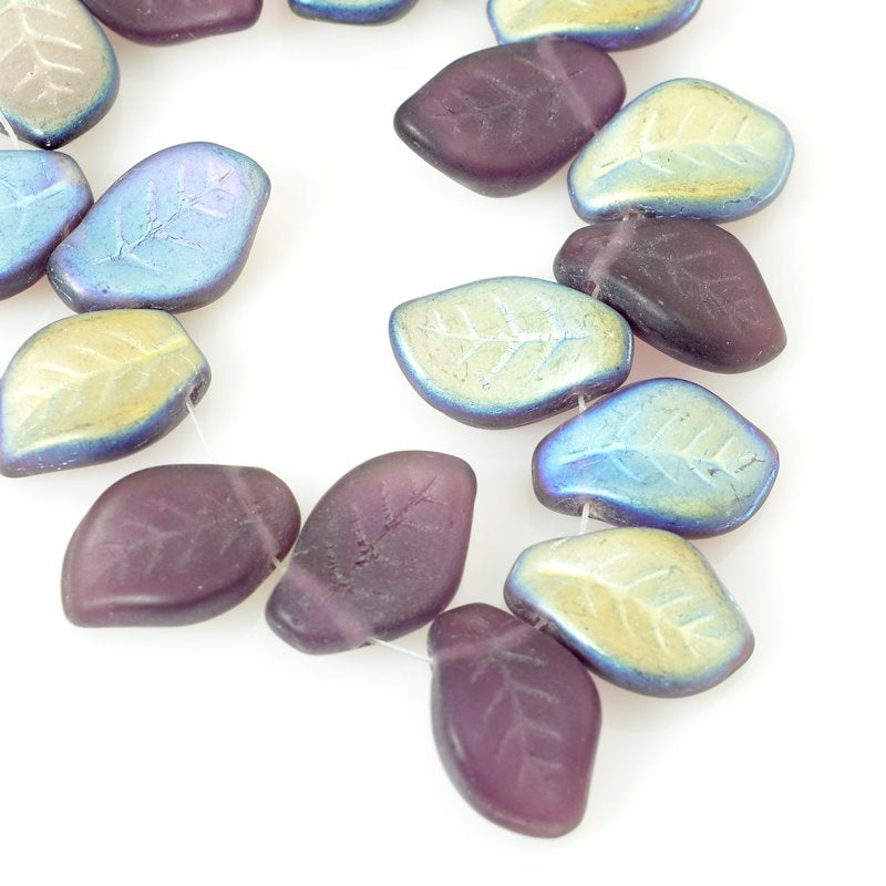 Glass Bead Horizontal Curled Leaves - 9x14mm - Matte Purple AB (10)