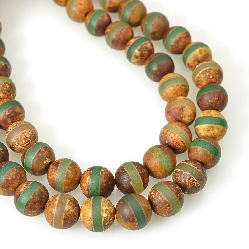 Matte Dzi Agate GreenLine   10mm Round 15in