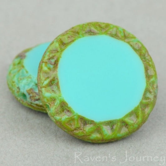 Glass Beads - 16mm Mayan Sun Coin - Turquoise Picasso (10)
