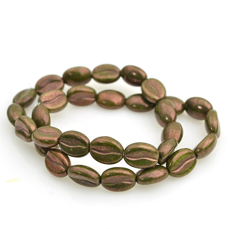 Glass Bead Coffee Bean - 8x11mm - Verdigris Bronze Lustre (Strand 15)