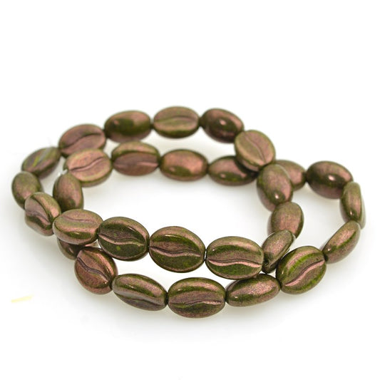 Glass Bead Coffee Bean - 8x11mm - Verdigris Bronze Lustre (Strand 15)
