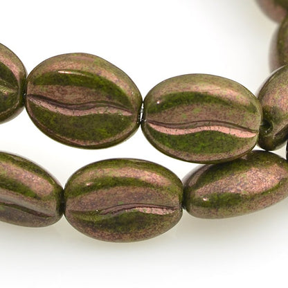 Glass Bead Coffee Bean - 8x11mm - Verdigris Bronze Lustre (Strand 15)