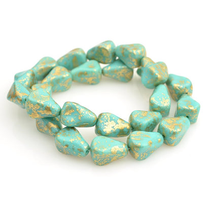 Pressed Glass -  Old Fashioned Drop - Turquoise Gold Splash (strand 12)