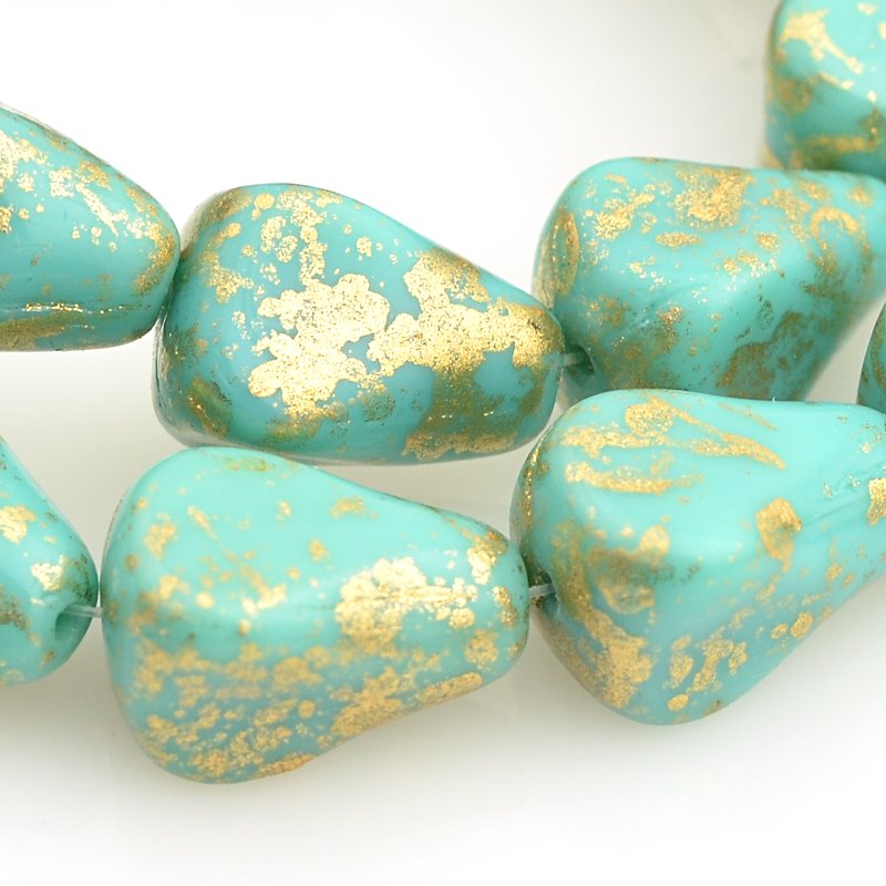 Pressed Glass -  Old Fashioned Drop - Turquoise Gold Splash (strand 12)