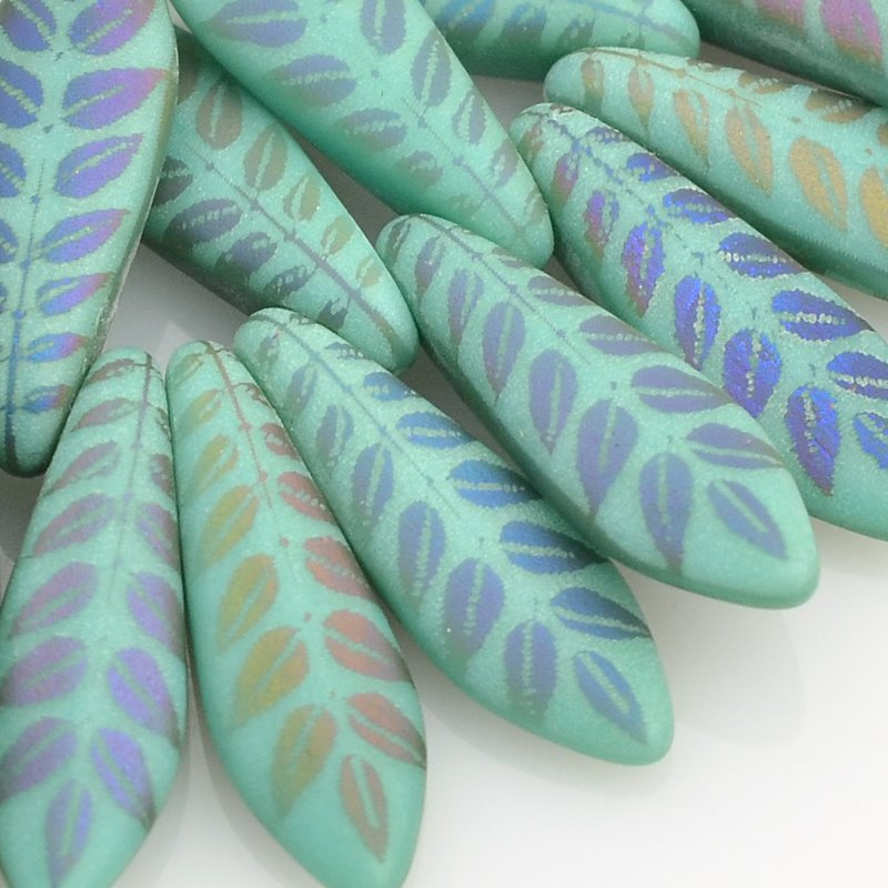 Fringe Beads Dagger Beads - 16mm - Matte Turquoise AB Laser Leaves (25)