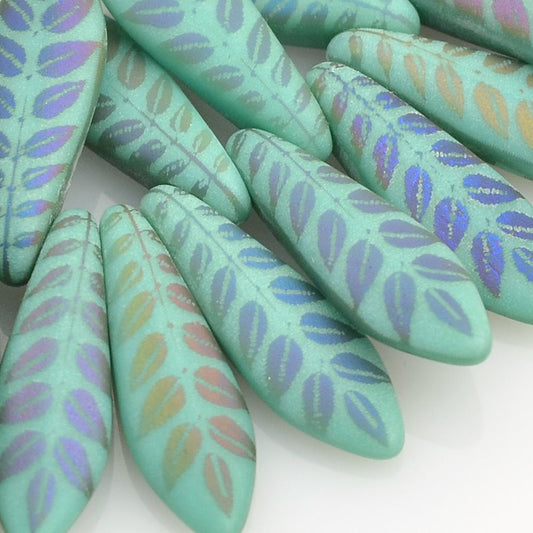 Fringe Beads Dagger Beads - 16mm - Matte Turquoise AB Laser Leaves (25)