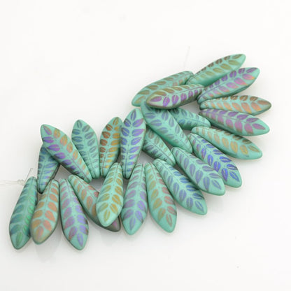Fringe Beads Dagger Beads - 16mm - Matte Turquoise AB Laser Leaves (25)