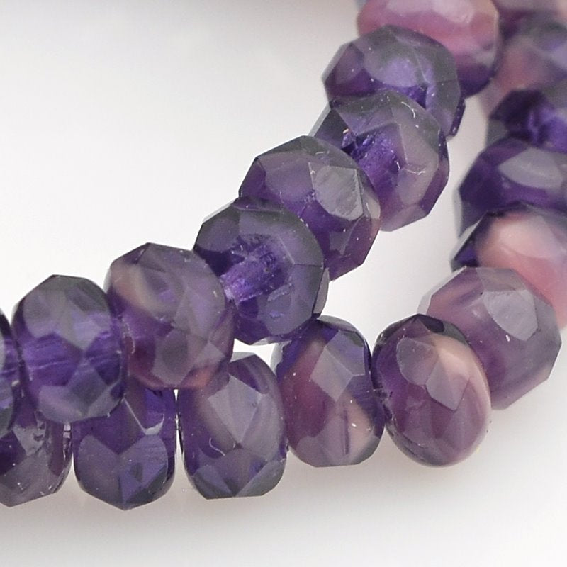 Fire Polish - 5x3mm - Faceted Donut Rondelle - Eggplant and Roses (Strand 30)