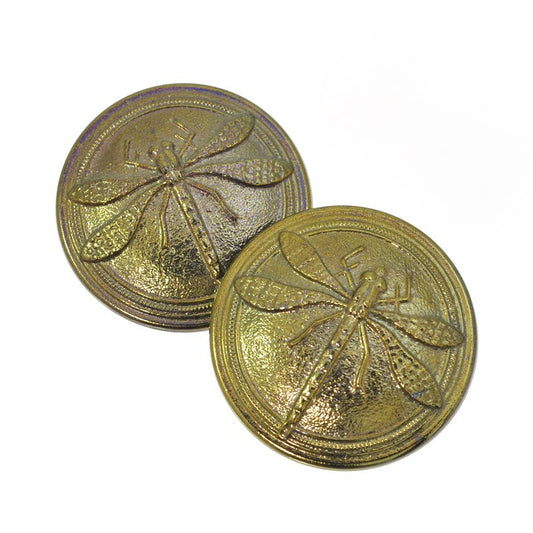 Czech Glass Button - 30mm Embossed Dragonfly - Golden Shield