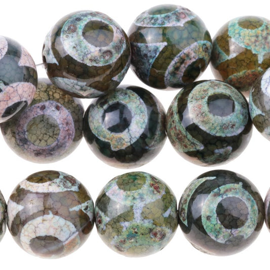 Dzi Agate Green White Eye   12mmRound 16in
