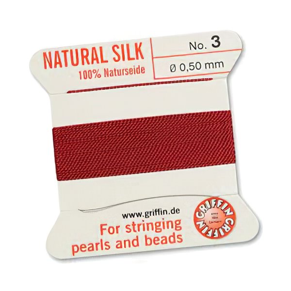 Silk Thread - Size 3 / 0.5mm Griffin Silk Beading Cord / Needle - Garnet (2 m)