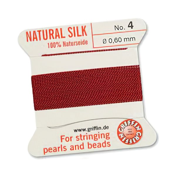 Silk Thread - Size 4 / 0.6mm Griffin Silk Beading Cord / Needle - Garnet (2 m)