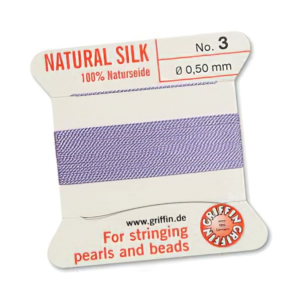 Silk Thread - Size 3 / 0.5mm Griffin Silk Beading Cord / Needle - Lilac (2 m)