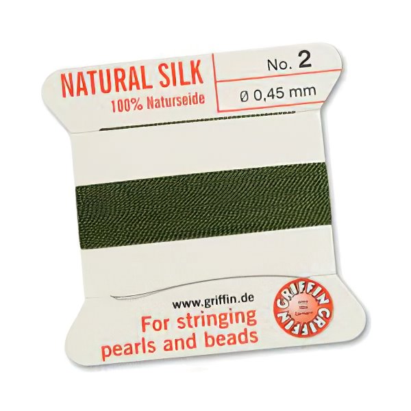Silk Thread - Size 2 / 0.45mm Griffin Silk Beading Cord / Needle - Olive (2 m)