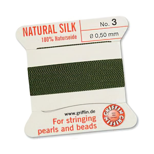 Silk Thread - Size 3 / 0.5mm Griffin Silk Beading Cord / Needle - Olive (2 m)
