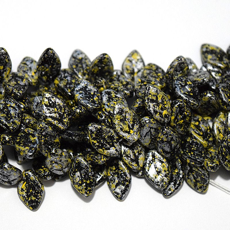 Glass Bead Leaf - 7x12mm - Granite Galaxy Yellow (25)