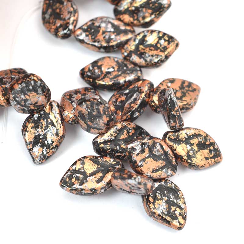 Glass Bead Leaf - 7x12mm - Granite Galaxy Copper (25)