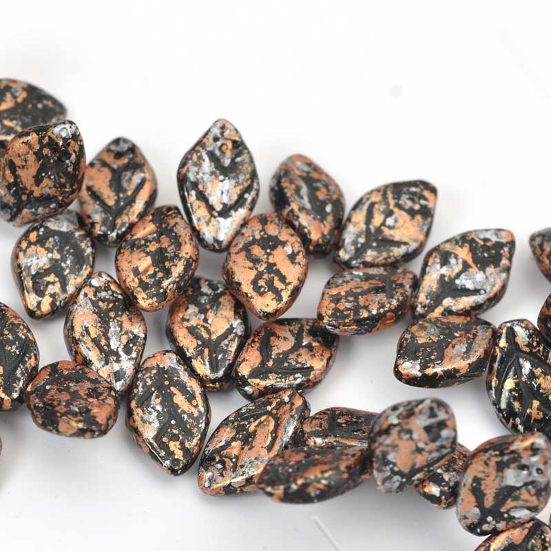 Glass Bead Leaf - 7x12mm - Granite Galaxy Copper (25)