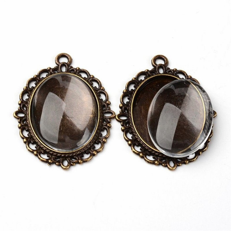 Glass Cabochon with Base - 18x25mm Oval - Clear - Antique Bronze (2 sets)