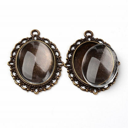 Glass Cabochon with Base - 18x25mm Oval - Clear - Antique Bronze (2 sets)