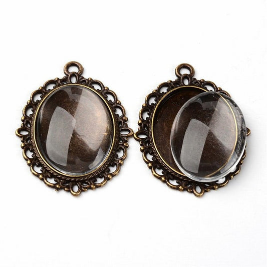 Glass Cabochon with Base - 18x25mm Oval - Clear - Antique Bronze (2 sets)