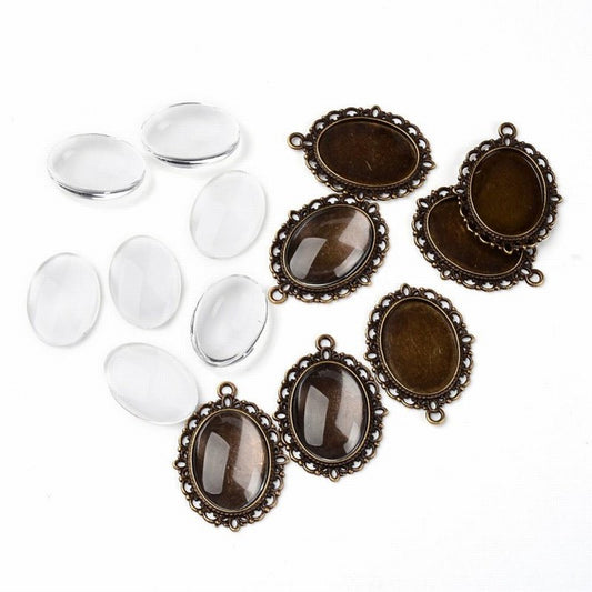 Glass Cabochon with Base - 18x25mm Oval - Clear - Antique Bronze (2 sets)