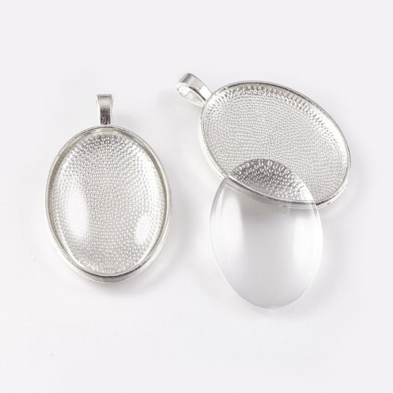 Glass Cabochon with Base - 21x29mm Oval - Clear - Silver (2 sets)