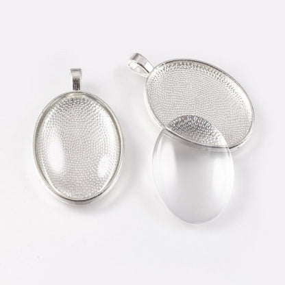 Glass Cabochon with Base - 21x29mm Oval - Clear - Silver (2 sets)