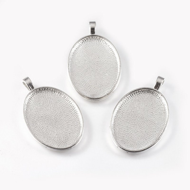 Glass Cabochon with Base - 21x29mm Oval - Clear - Silver (2 sets)