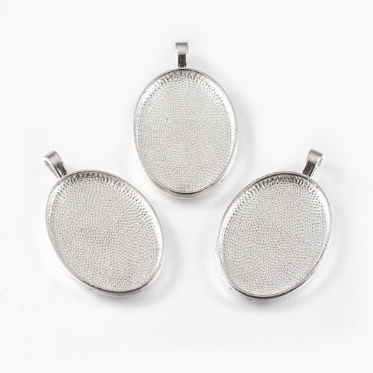 Glass Cabochon with Base - 21x29mm Oval - Clear - Silver (2 sets)