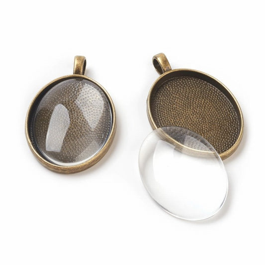 Glass Cabochon with Base - 21x29mm Oval - Clear - Antique Bronze (2 sets)