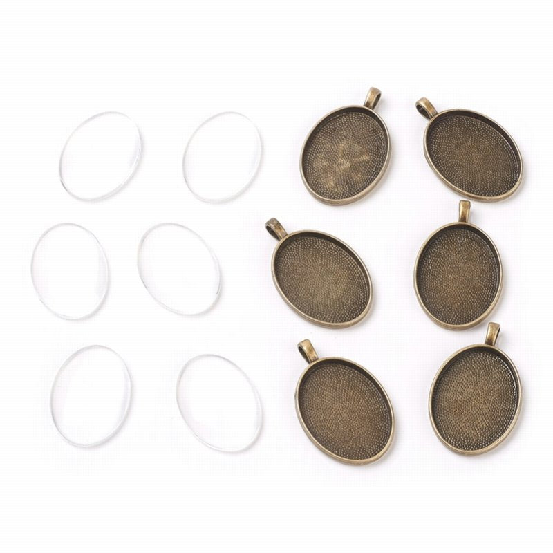 Glass Cabochon with Base - 21x29mm Oval - Clear - Antique Bronze (2 sets)