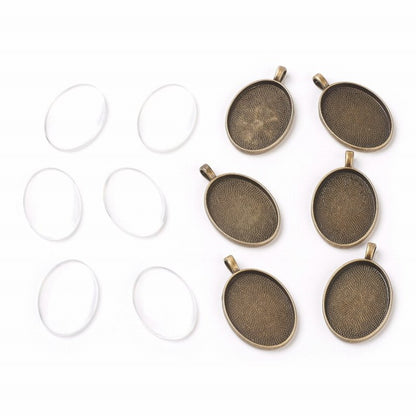Glass Cabochon with Base - 21x29mm Oval - Clear - Antique Bronze (2 sets)