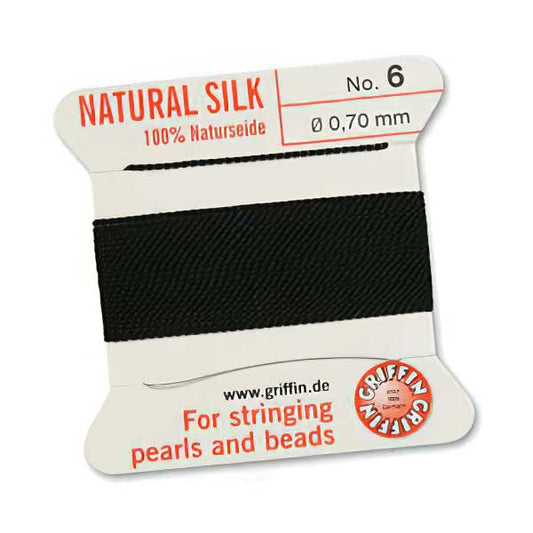 Silk Thread - Size 6 / 0.7mm Griffin Silk Beading Cord / Needle - Black (2 m)